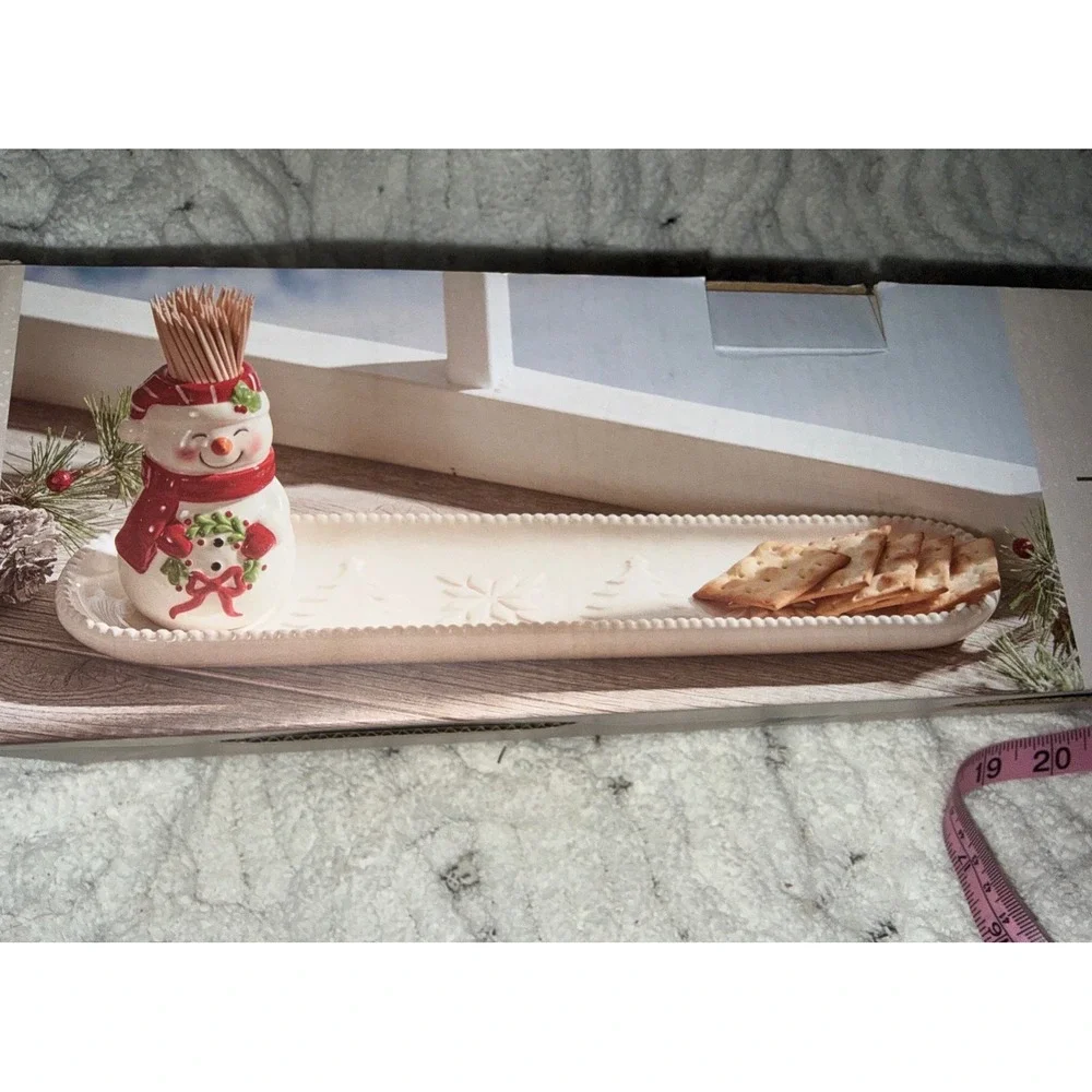 Merry Makers Snow Happy Snowman Toothpick Holder and Serving Tray Set White Red